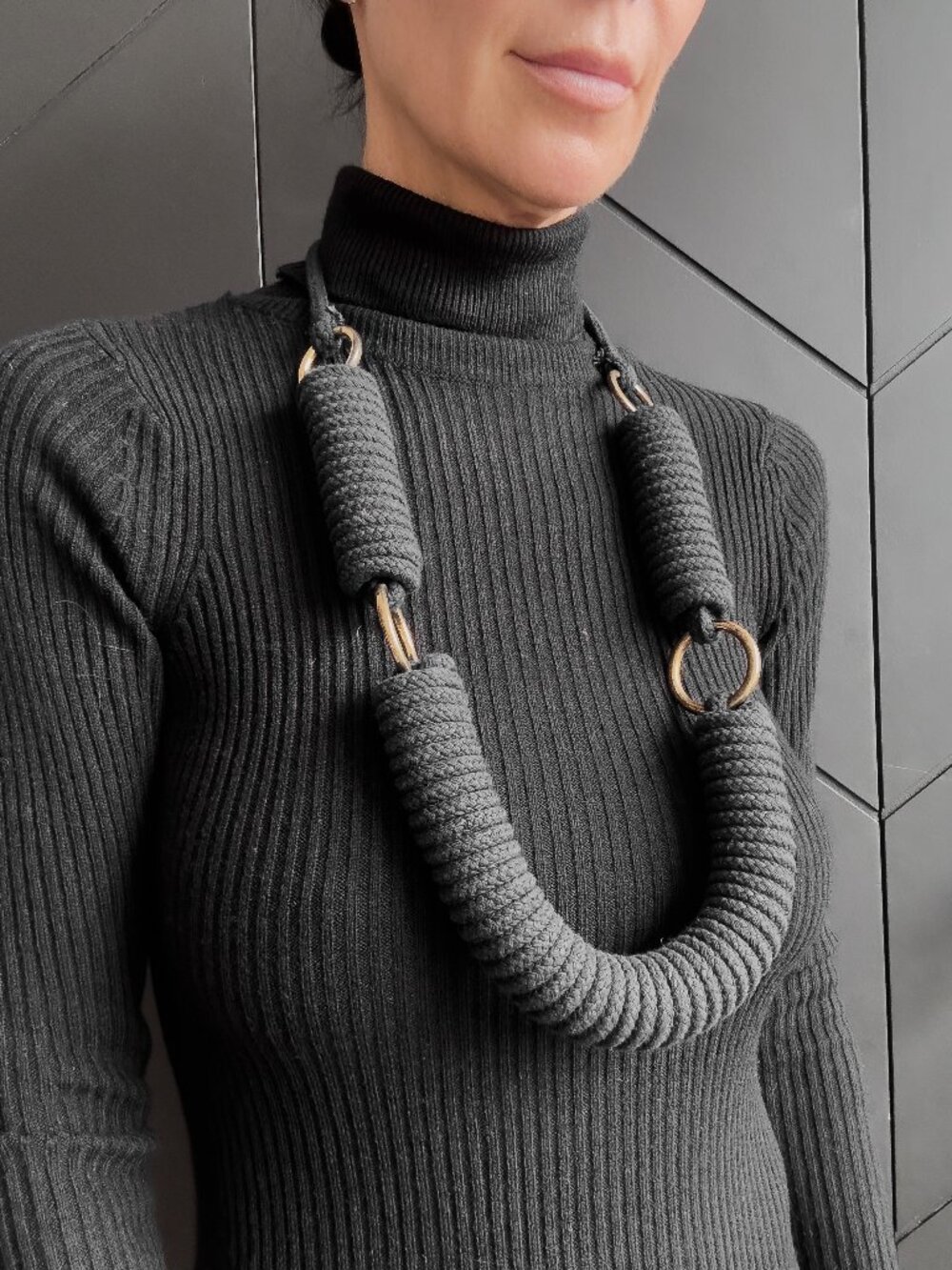 Black Braided Rope & Brass Ring Statement Necklace